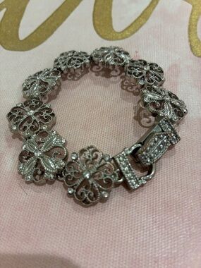 Vintage Silver Filigree Floral Link Bracelet - Silver